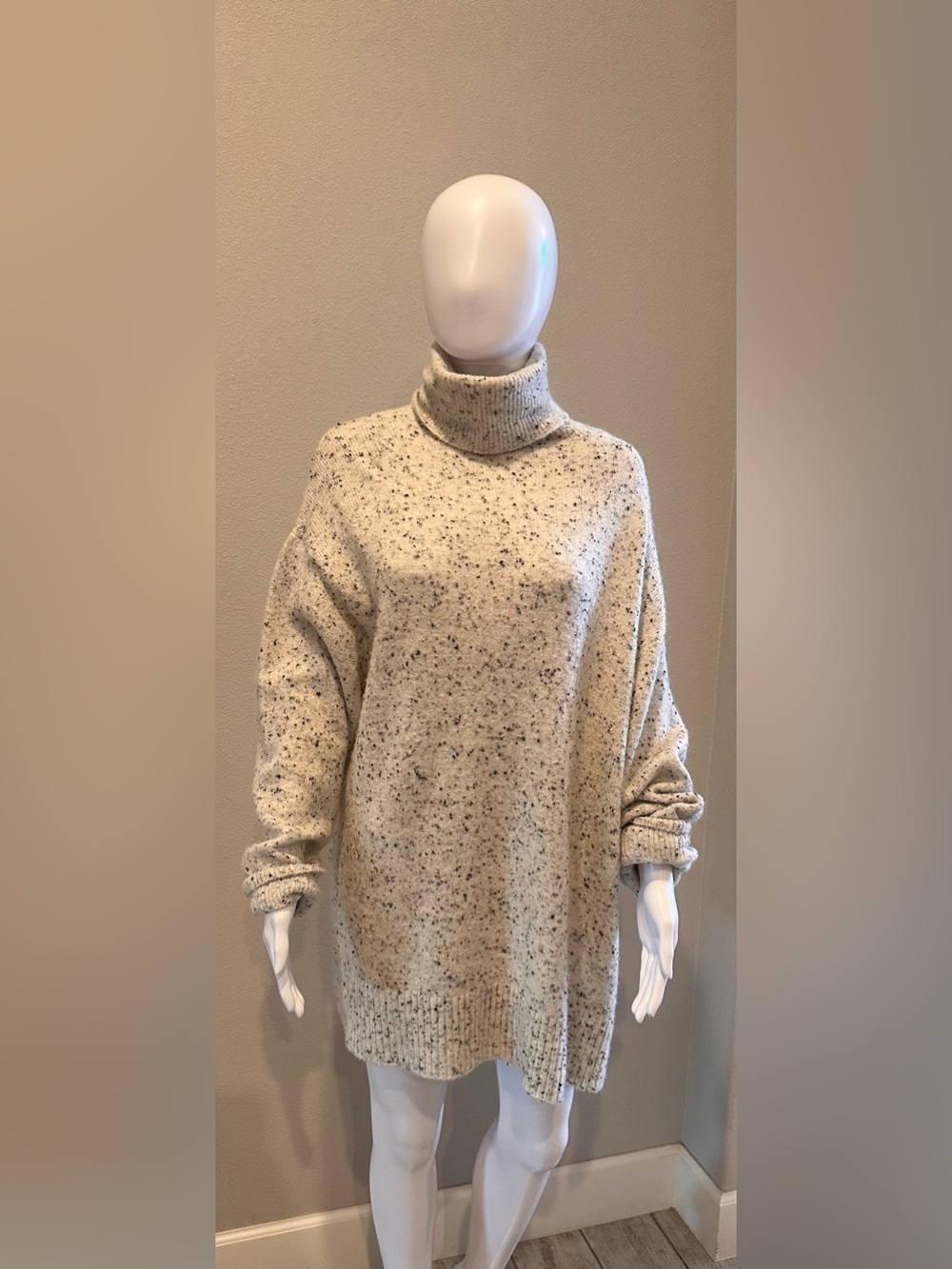 ZARA Oversized Speckled Turtleneck Sweater Dress Cream Beige Size Small